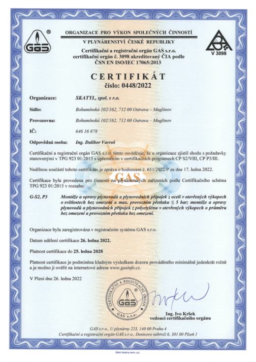 Certifikát GAS pro montáže a opravy plynovodů dle TPG 923 01