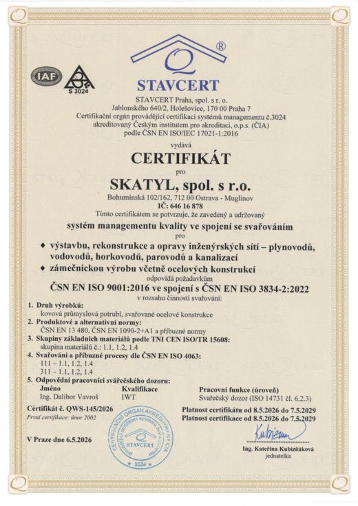 Certifikát ČSN EN ISO 9001 ve spojení s ČSN EN ISO 3834-2 pro svařování
