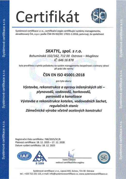 Certifikát ČSN EN ISO 45001:2018 pro bezpečnost a ochranu zdraví při práci