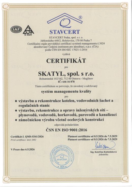 Certifikát ČSN EN ISO 9001:2016 vydaný společností STAVCERT Praha