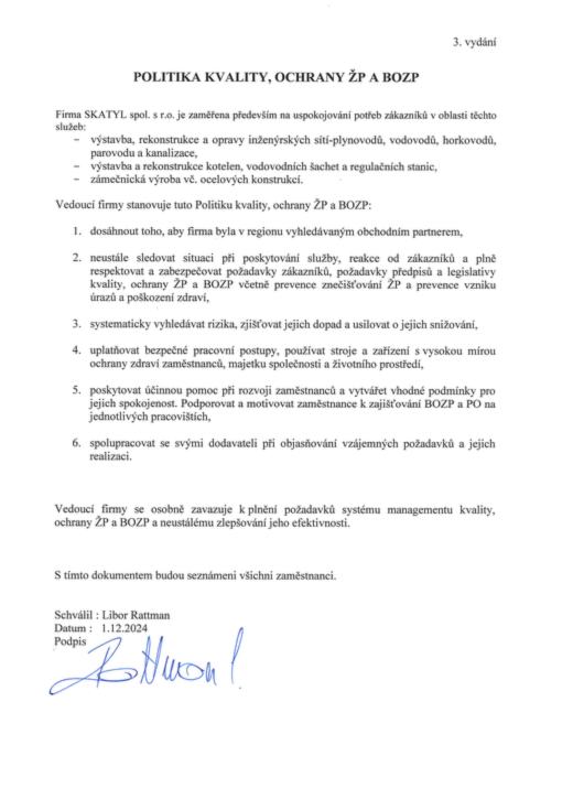 Dokument Politika kvality, ochrany životního prostředí a BOZP